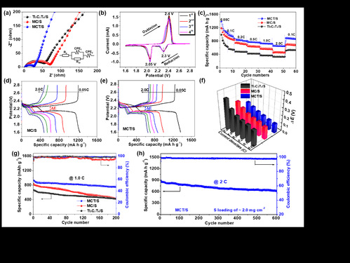 Figure 2 Electrochemical performance of S cathodes:(a) Nyquist plots, (b) CV profiles, (c-f) rate capability, (g) GCD profiles, and (h) long-term cycling performance